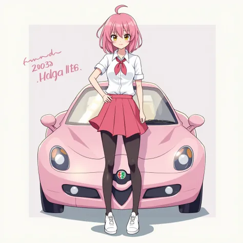 anime, alfa romeo 4c pink, collared white, pink skirt, black leggings, white shoes, smile, 