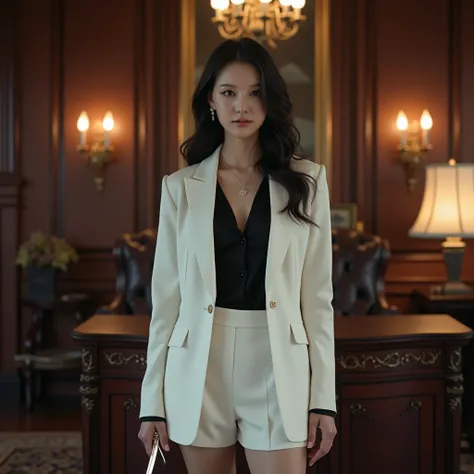 (Actual picture 1 .5), (( best quality)), ((masterpiece)), ( Detailed ) Woman 1( beautiful face,white womens suit,Black v-neck shirt ,  Black Stockings ,earring,necklace,,22 years old,  Korean girl, mini skirt, shoes( high heels) ,Attention, Immovable post...