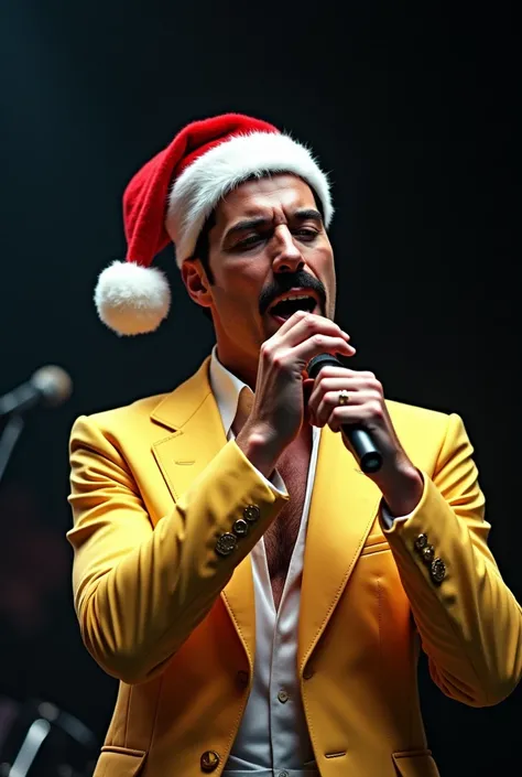 Freddie Mercury singing with a Christmas cap 