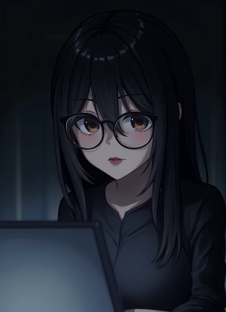 “In a dimly lit room, illuminated only by the soft glow of a monitor, her presence exudes mystery. Dark, flowing hair frames her face, adding an air of elegance. Behind round glasses, her deep, contemplative eyes seem to pierce straight into the soul, hold...