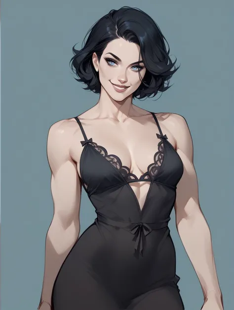 illustration of a young english woman with short black bob hair, blue eyes, wearing a sexy black nightie. a She has a fierce, predatory smile and is holding a stylized scythe. Phil Cho Art, sketch 