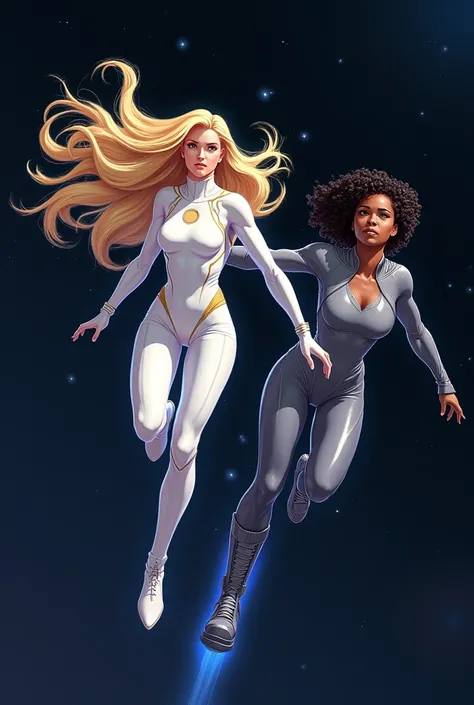  imagine two heroines flying in space . one is a blonde ,  long blond hair and wears white clothes.  the other has short curly hair , Wear gray clothes , BOOTS AND GLOVES. 