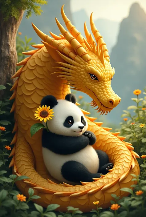 A golden dragon sheltering a panda with a sunflower in its ear in a protective way