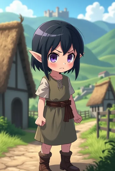 elf girl,  anime, medieval, peasant,  black-haired,  white skin ,  short hair, purple eyes, Angry person