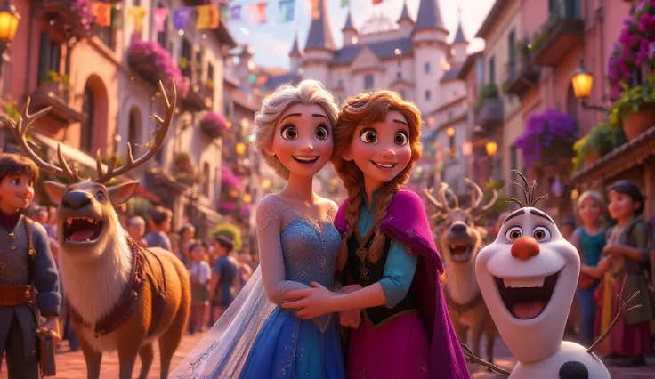 A heartwarming image of Elsa and Anna, along with their friends Kristoff, Sven, and Olaf, all celebrating together at the festival, surrounded by laughter and joy