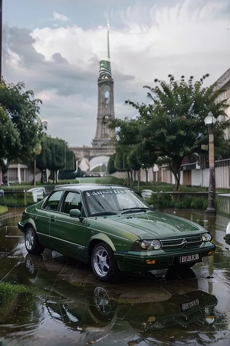 1997 Citroen, green, white stripes, rainy conditions