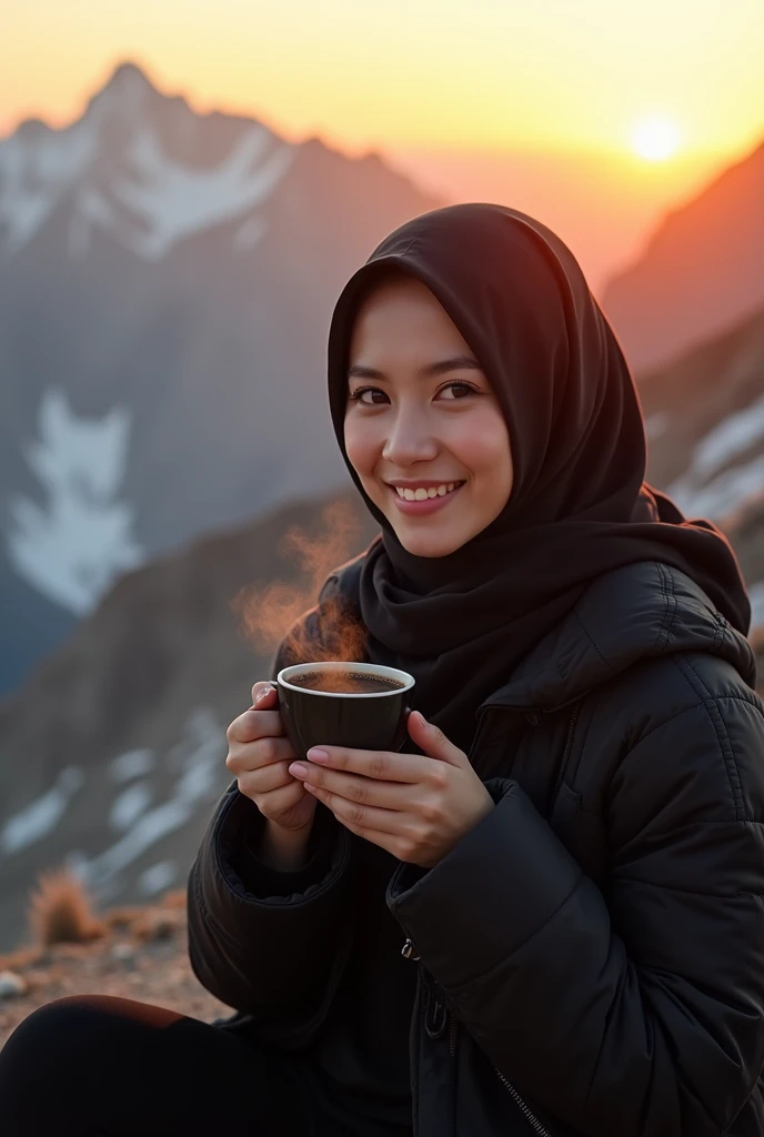 Potrait wamita Asian beauty wearing hijab  , is seen sitting on a mountain holding a cup of warm black coffee,Sunrise, wearing thick black jacket ,smile looking at camera 