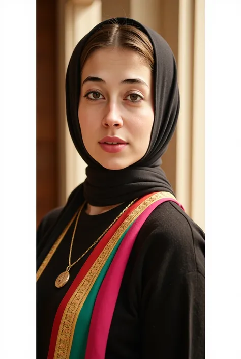 one real persian women, beautiful detailed eyes, beautiful detailed lips, extremely detailed face and skin, white skin, long hair, hijab, looking at camera, flowing colorful scarf, dramatic lighting, cinematic, serene expression, hyper realistic, photoreal...