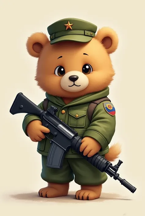 A cuddly bear cub  ,   dressed as a Russian army soldier with a machine gun 