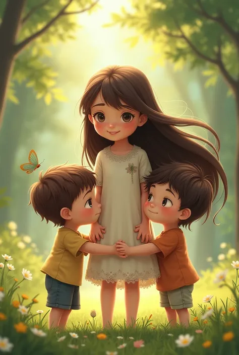 A brunette girl with long straight hair with two young boys 