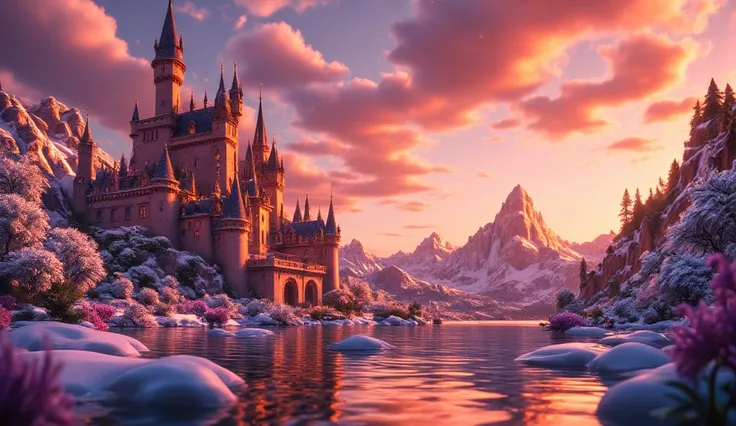 A picturesque view of Arendelle during sunset, with the castle in the foreground, the sky painted in hues of orange and pink, symbolizing warmth and acceptance