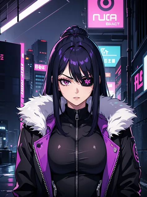 Beauty、 business suit、 fur coat、 black hair、Blue Hair、Purple Hair、 long hair、Eye patch、One Eye、Age 27、 cyberpunk、 face up、night、 sexy