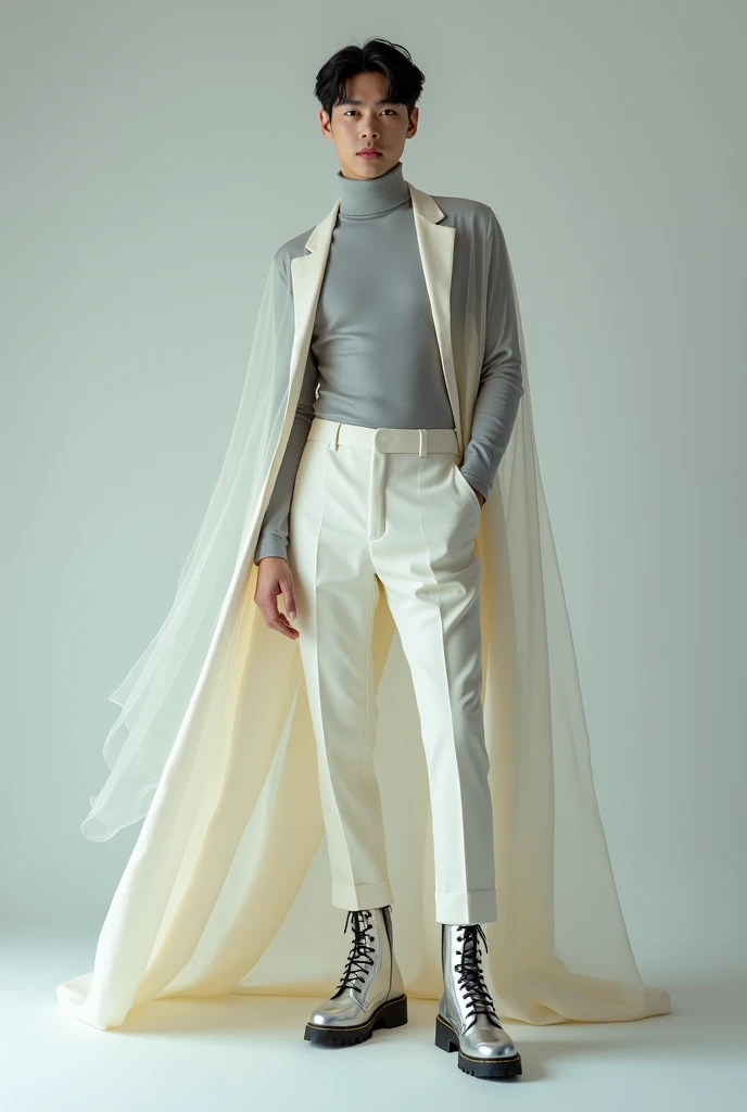 Korean male, A fitted light gray turtleneck with a long, flowing sheer cape draped from the shoulders, paired with pastel cream trousers and silver boots. Minimal rings as accessories.