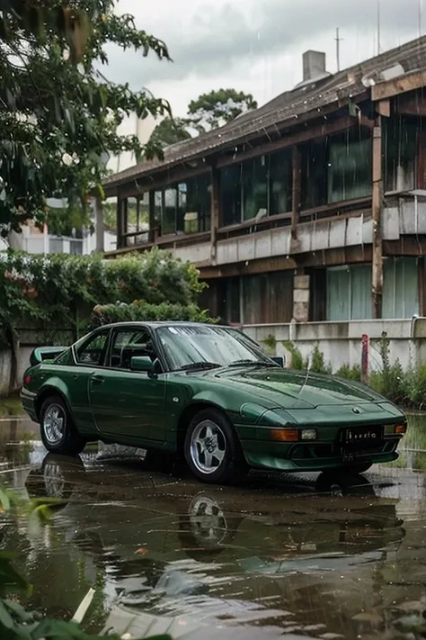 1997 Mazda, green, white stripes, rainy conditions