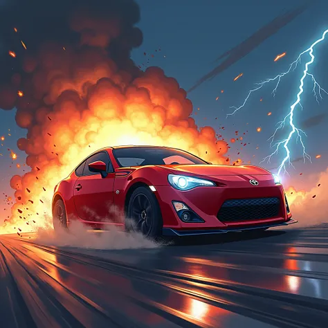 anime, toyota gt86 2012 red, jumping car, smash, explosion, explosive, burning, hell, revenge, thunderstorm, shockwave, lightning, tornado, raid, motion blue, extreme, 