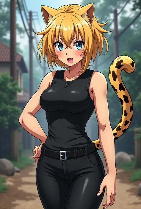 Leopard anime girl blonde hair with black locks marked physique a good athletic figure a leopard tail black pants a scared black sleeveless t-shirt sharp claws with 4 sharp fangs anime style rawdy 