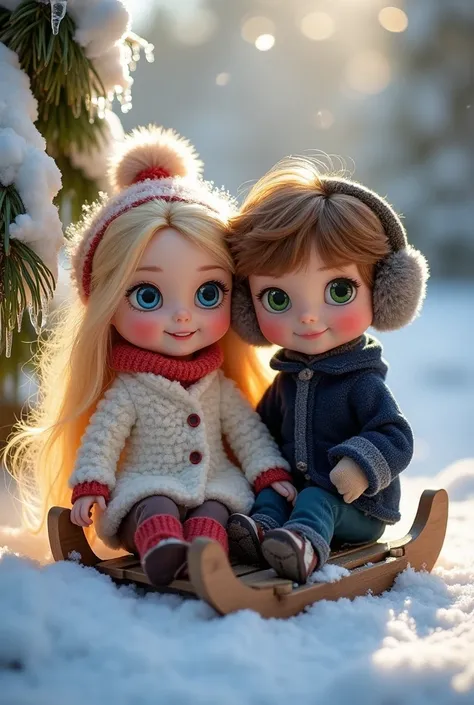 Two ren with doll-like faces sit on a wooden sled surrounded by snow. The girl has long blonde hair, bright blue eyes, and a playful grin, dressed in a fluffy white coat with red accents. The boy has wavy brown hair, green eyes, and a slightly mischievous ...