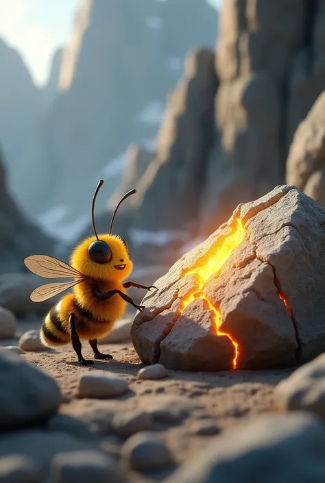  A very detailed 3D fantasy scene against the background of rock mountains . In the foreground,  a baby bee sits and stares at an uneven round rock with a rough texture and full of bumps,  resembles a rough and irregular stone .  The cracks in the stone em...