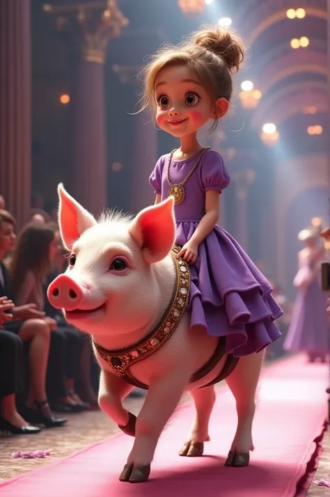 A  girl wearing casual purple clothing riding a pig at a fashion show