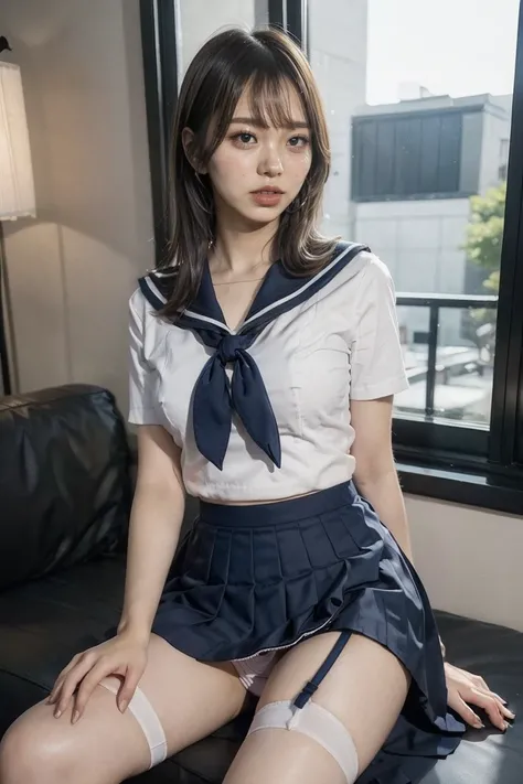 ((school uniform, sailor suit, traditional Japanese style with navy blue and white colors, detailed ribbon and pleated skirt)), ((up lift skirt, panty shot:1.5)), ((cleavage, medium breast)),((blunt bangs, medium hair)), buttocks, panty lines, detailed fac...