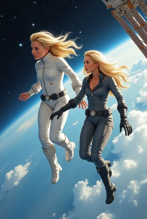  imagine two DC comics style heroines. Theyre flying in space . Edjane is blonde , wear white clothes, has long hair. wear boots.  Eliane is blonde ,  but has short curly hair ,  wears gray clothes with gloves and boots .  do it in various poses flying thr...