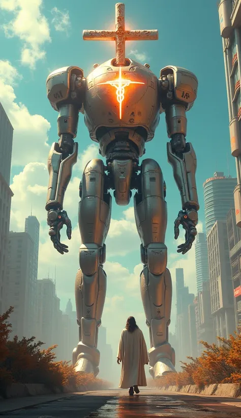 "A futuristic cityscape where Jesus Christ walks alongside a giant robot bearing His cross, its exterior displaying the sacred heart of Jesus with radiant light."