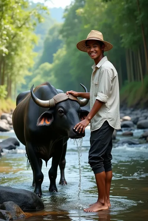 Cool photography style, A young and handsome Sundanese man , wearing a farmers caping hat , wearing a white peasant t-shirt , wearing black pants ,sitting on the edge of a clear river that flows black rocky, with dirty feet , accompanied by a large buffalo...