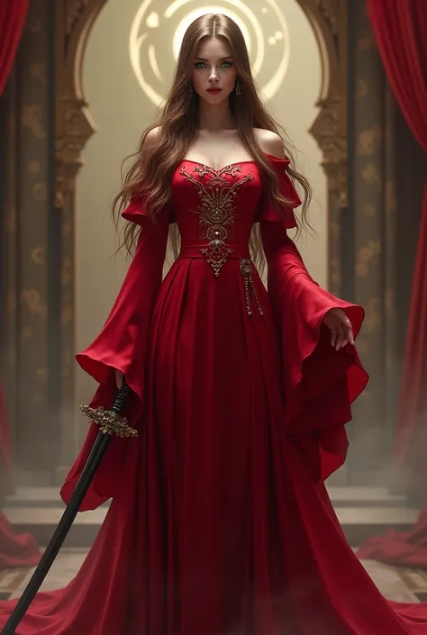  An overlord with long medium-brown hair wearing a crimson red dress outfit with elegant, flared sleeves, with green eyes and holding a Katana   