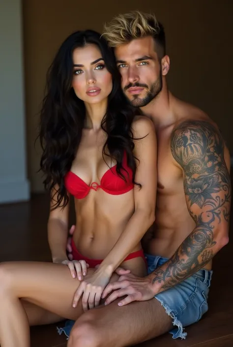  a pretty young woman , black hair with long wavy red , white skin ,light blue eyes, deep look , Perfect makeup with red lingerie , next to a muscular man with blond hair and brown eyes with shirtless tattoos sitting on his legs and hugging the woman aroun...