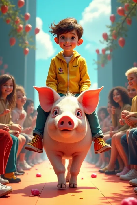 A boy dressed in casual yellow clothing riding a pig at a fashion show 