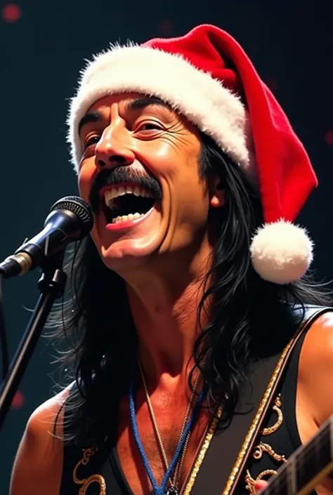 Steve Perry singing with a Christmas cap 