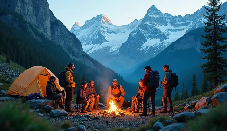 Group of people gathered in mountain camp, realistic, high quality, real photo