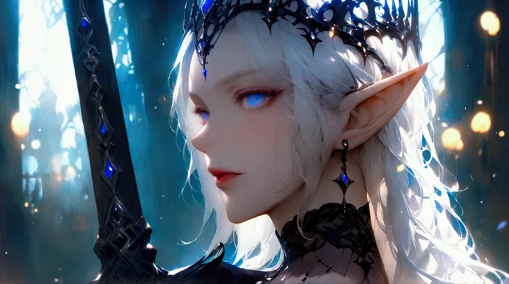 (best quality, realistic:1.37) white-haired elf, dark queen with blue eyes, portraying her royal elegance. She wears a stunning black dress that contrasts beautifully with her pale skin. Her face is flawlessly beautiful, with intricate details that highlig...