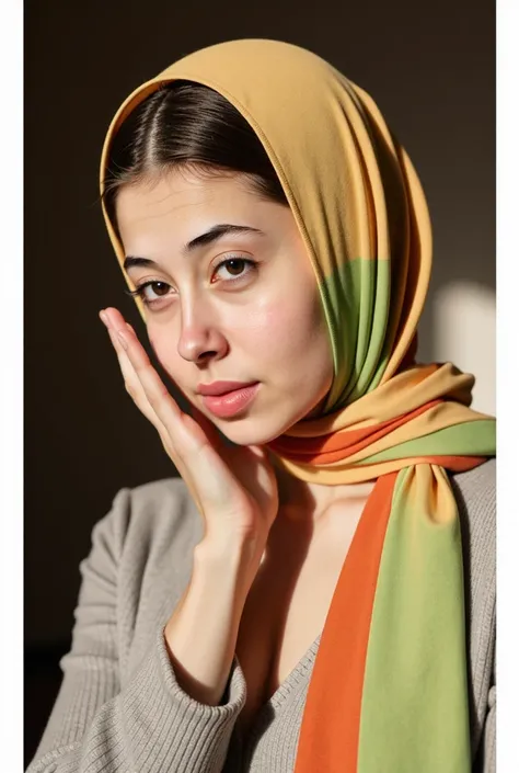 one real persian women, beautiful detailed eyes, beautiful detailed lips, extremely detailed face and skin, white skin, long hair, hijab, looking at camera, flowing colorful scarf, dramatic lighting, cinematic, serene expression, hyper realistic, photoreal...