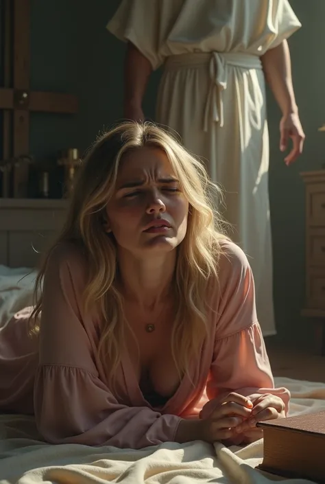  Woman with big blond hair thrown on the floor crying a lot , Shes in the bedroom and the Bible is on her side ,  shes wearing a pink blouse and Jesus is standing behind her looking at her 