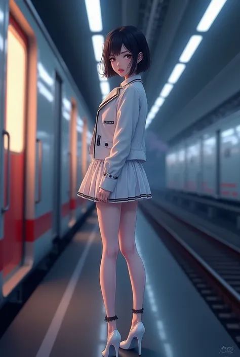 ntricate details, anime art, smooth shading,(solo), full body, girl, chic beauty, in japanese bullet train, short white pleated skirt with black accent line on hem and waistline, tucked in white blouse, fashionable white cropped open blazer with black acce...