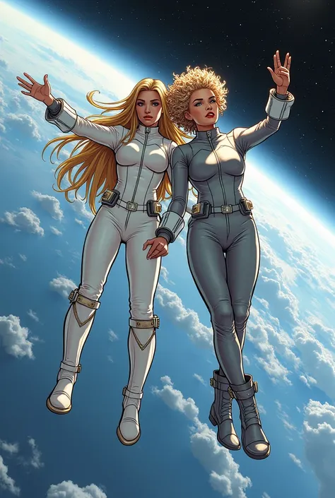  imagine two DC comics style heroines. jim lee style. sketchbook style. Theyre flying in space . Edjane is blonde , wear white clothes, has long hair. wear boots.  Eliane is blonde ,  but has short curly hair ,  wears gray clothes with gloves and boots .  ...