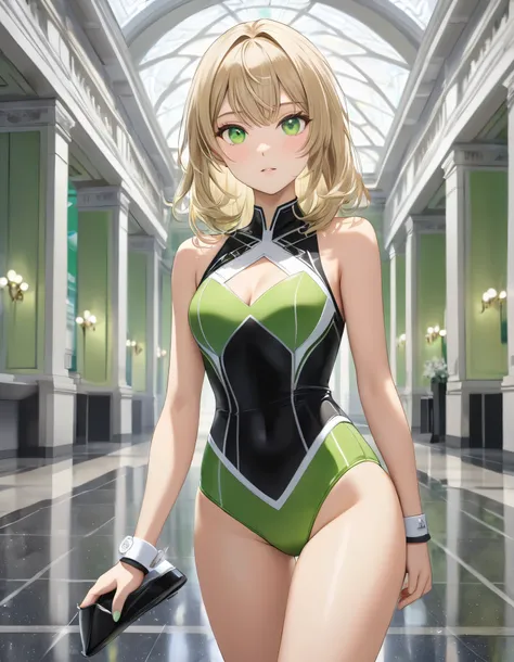 Best quality, masterpiece, high res, solo, solo focus, 8k, 1lady, casual pose, blush, looking at viewer, standing straight, blonde hair, swept bangs, lime green eyes, beautiful detailed eyes, beautiful detailed face, (perfect hands), government office back...