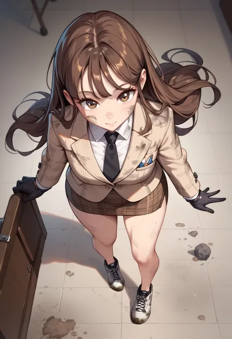 brown plaid skirt, brown plaid pencil skirt, black tie, black gloves, brown eyes, brown hair, long hair ,beige blazer, long sleeves, bare legs , full body shot , black sneakers , dirty room floor , standing , view from above , cute face