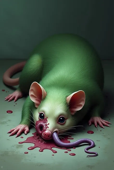 Green opossum crushed and dead ,  with a purple worm coming out of one eye and another worm coming out of its right nostril 