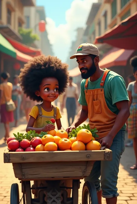  I want the image of an Afro girl of approximately , On top of a wooden fruit cart ,  he is with his dad selling fruit on the street . 