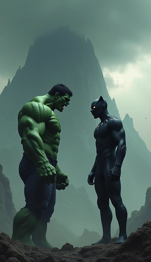 Prompt:
“A towering, menacing landscape with dark clouds swirling above, an eerie mist hanging in the air. In the foreground, Hulk and Black Panther stand side by side, facing each other. Hulk, with his massive green form, exudes raw power, his muscles bul...