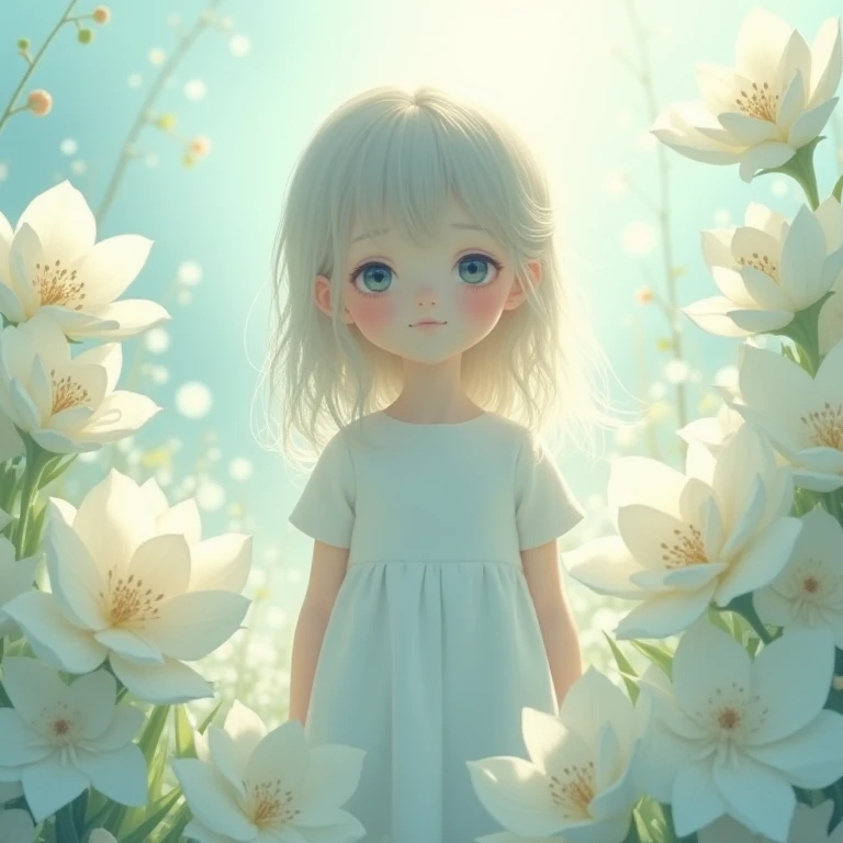 1 girl,flower, Platycodon ,Light white and light blue style, 