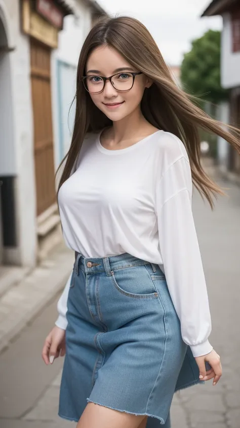 Wide shot. Walking through a small town in Malaysian, Emily is france. He is . She lives in a small town in France, has Straight Long wavy hair mixed with brown and blonde hair:1.7, Blue Eyes, beautiful with glasses, Big Breasts, red long-sleeved shirt, sh...