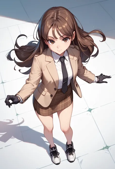 brown plaid skirt, brown plaid pencil skirt, black tie, black gloves, brown eyes, brown hair, long hair ,beige blazer, long sleeves, bare legs , full body shot , black sneakers , standing , view from above , cute face