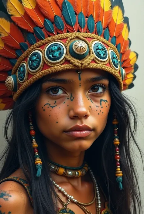  Face drawing of an indigenous girl with a headdress, Her skin is like that of a jaguars  