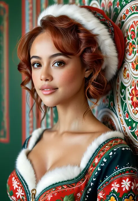 "A young, elegant woman envisioned as a youthful and cheerful Mrs. Claus, blending features of Nathalie Emmanuel and Chloe Bennet. She has vibrant auburn hair styled beautifully and exudes joy, elegance, and festive warmth. cleavage. soft pillowy breasts. ...