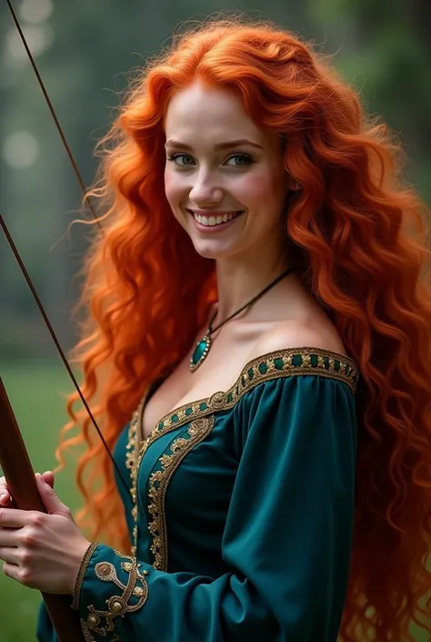 I want a photo of a beautiful woman dressed as Merida from the Disney cartoon Brave, In a movie poster pose ,  from waist up,  holding a bow and arrow , smiling, photograph