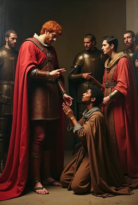 oil on canvas. Renaissance art . A dark red-haired king in a room with knights and a young dark skin man with black hair wearing a robe kneeling and holding the edge of the kings cape looking at him asking for mercy.