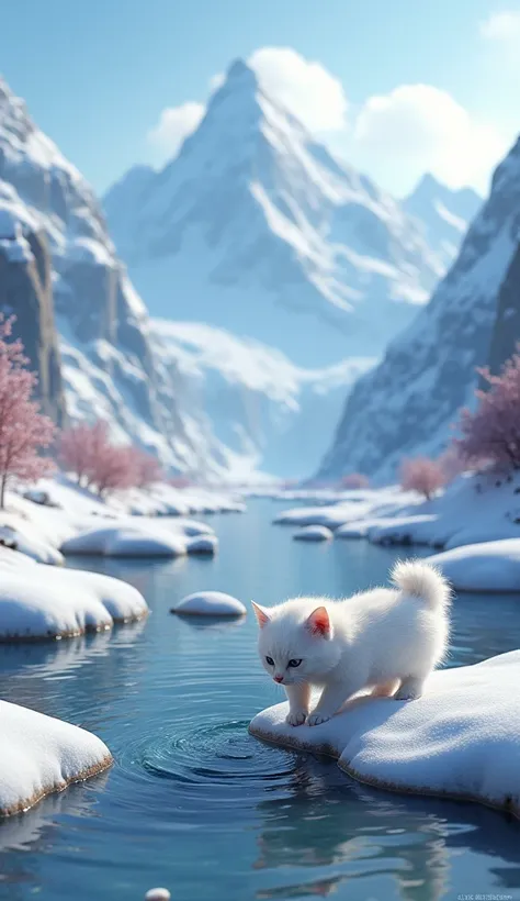 In cinematic 3D style, HD image ,colourful image, realistic image.
Action,There is a huge snowy mountain area and a river is flowing. A white baby cat is walking on the river bank.